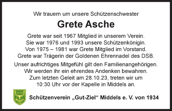 Traueranzeige von Grete Asche von WZ/JW/AH