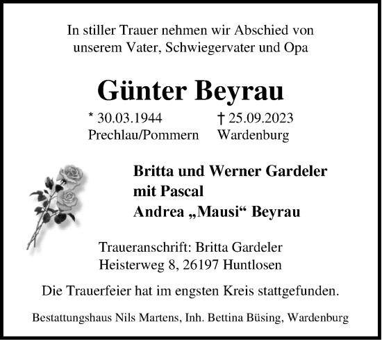 Traueranzeige von Günter Beyrau von Nordwest-Zeitung