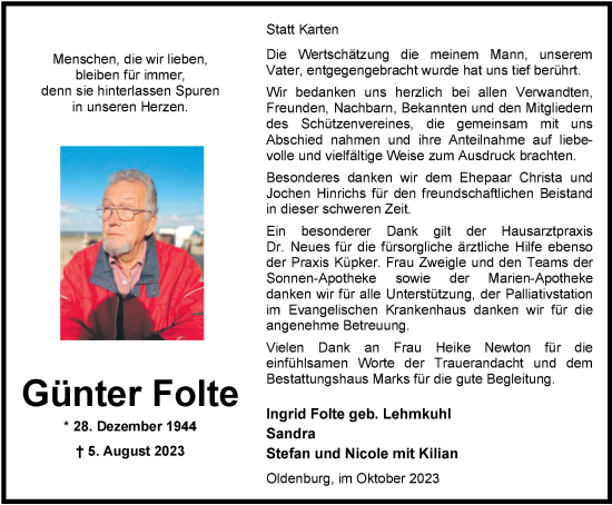 Traueranzeige von Günter Folte von Nordwest-Zeitung