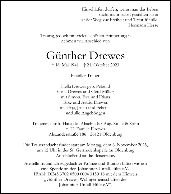 Traueranzeige von Günther Drewes von Nordwest-Zeitung