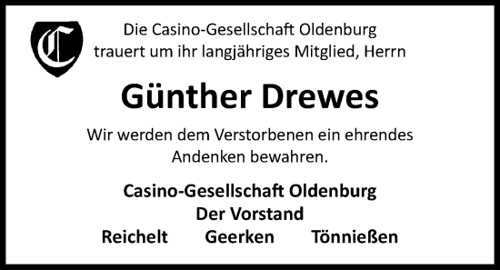 Traueranzeige von Günther Drewes von Nordwest-Zeitung