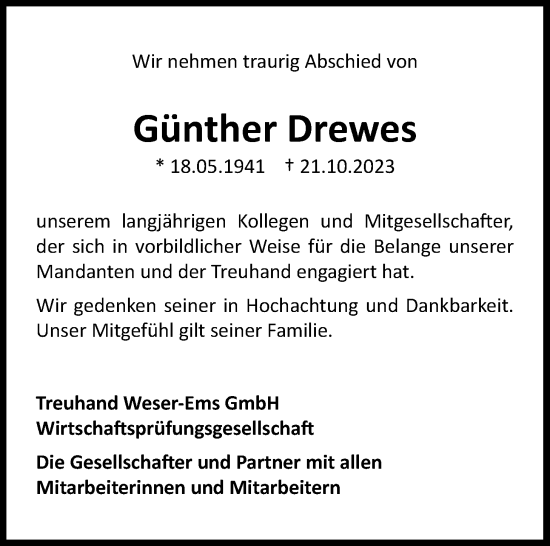 Traueranzeige von Günther Drewes von Nordwest-Zeitung
