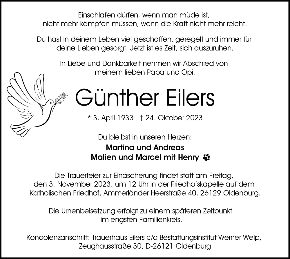  Traueranzeige für Günther Eilers vom 28.10.2023 aus Nordwest-Zeitung