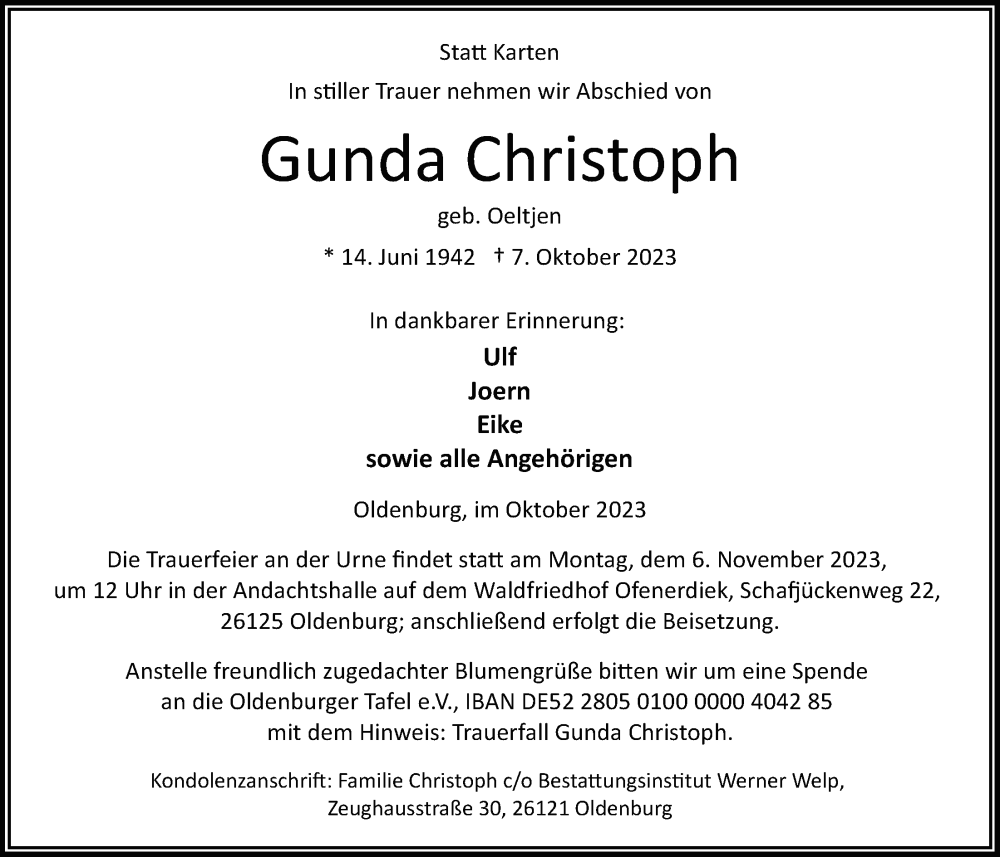  Traueranzeige für Gunda Christoph vom 21.10.2023 aus Nordwest-Zeitung