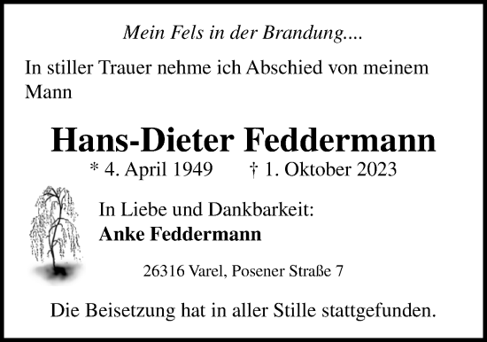 Traueranzeige von Hans-Dieter Feddermann von Nordwest-Zeitung