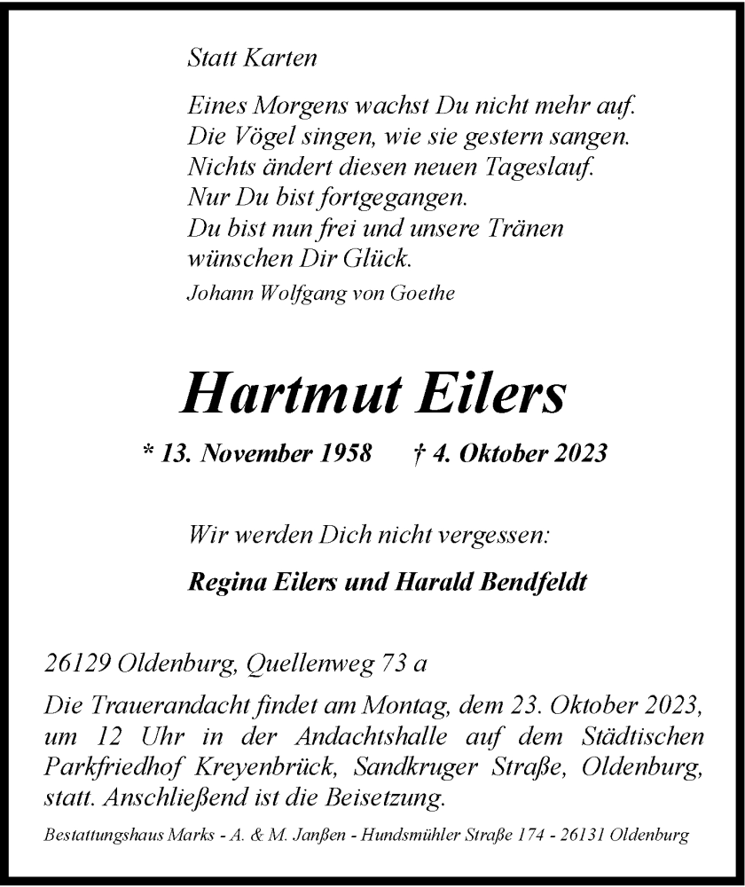  Traueranzeige für Hartmut Eilers vom 14.10.2023 aus Nordwest-Zeitung