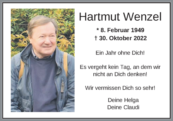 Traueranzeige von Hartmut Wenzel von Nordwest-Zeitung