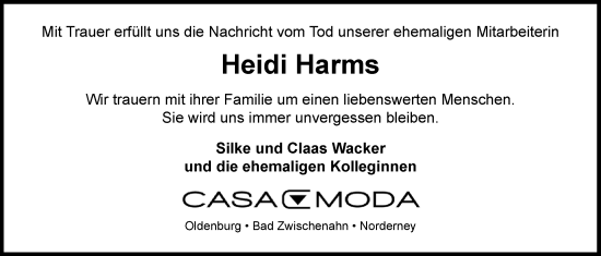 Traueranzeige von Heidi Harms von Nordwest-Zeitung