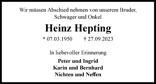 Traueranzeige von Heinz Hepting von Nordwest-Zeitung