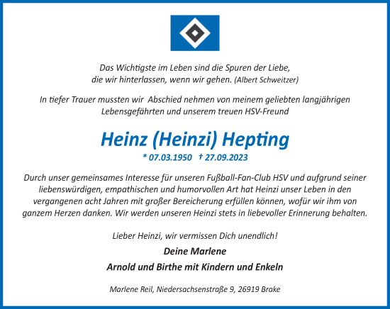 Traueranzeige von Heinz Hepting von Nordwest-Zeitung