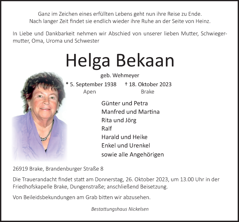  Traueranzeige für Helga Bekaan vom 21.10.2023 aus Nordwest-Zeitung