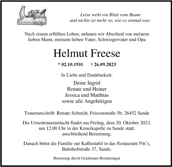 Traueranzeige von Helmut Freese von WZ/JW/AH