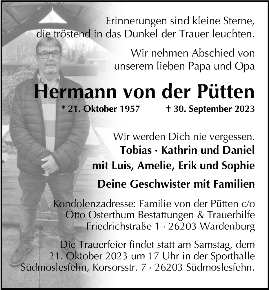  Traueranzeige für Hermann von der Pütten vom 07.10.2023 aus Nordwest-Zeitung