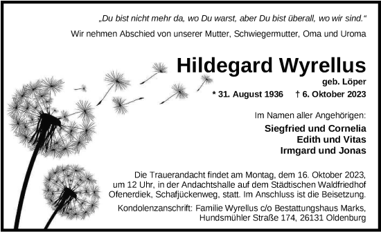 Traueranzeige von Hildegard Wyrellus von Nordwest-Zeitung