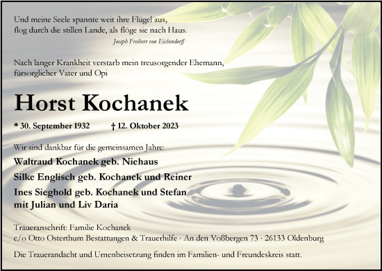 Traueranzeige von Horst Kochanek von Nordwest-Zeitung