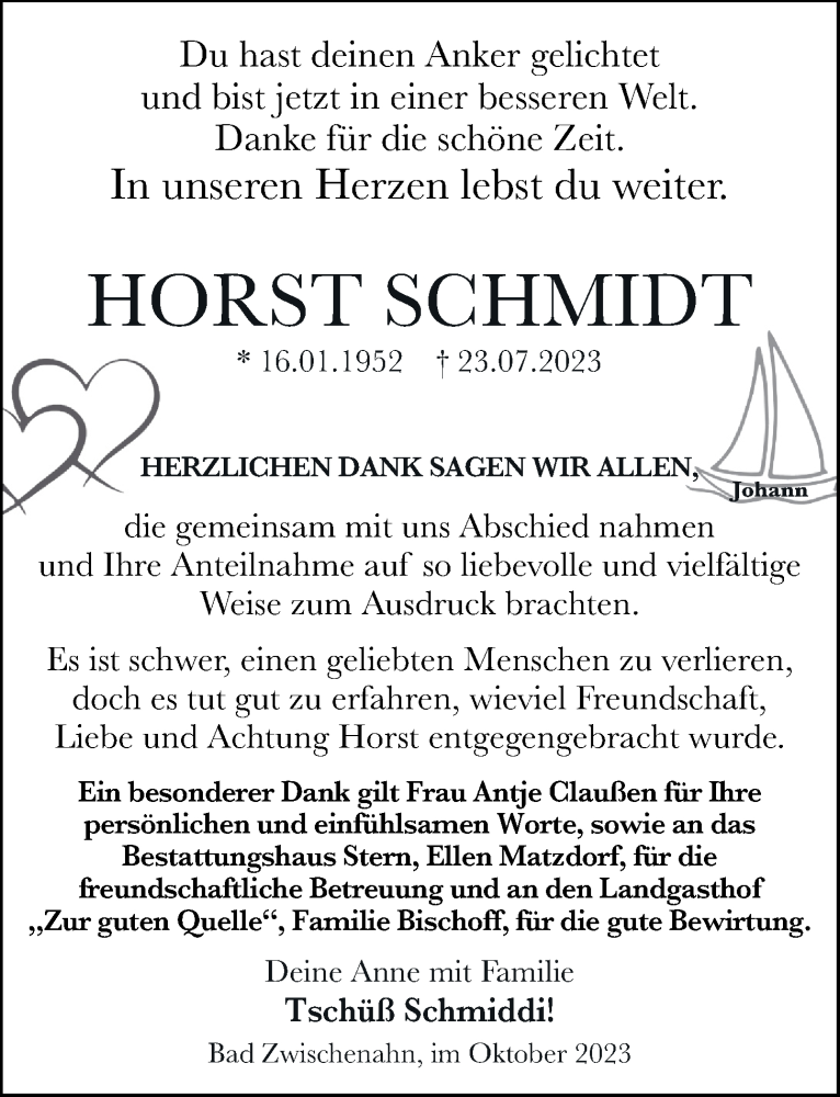 Traueranzeige für Horst Schmidt vom 18.10.2023 aus Nordwest-Zeitung