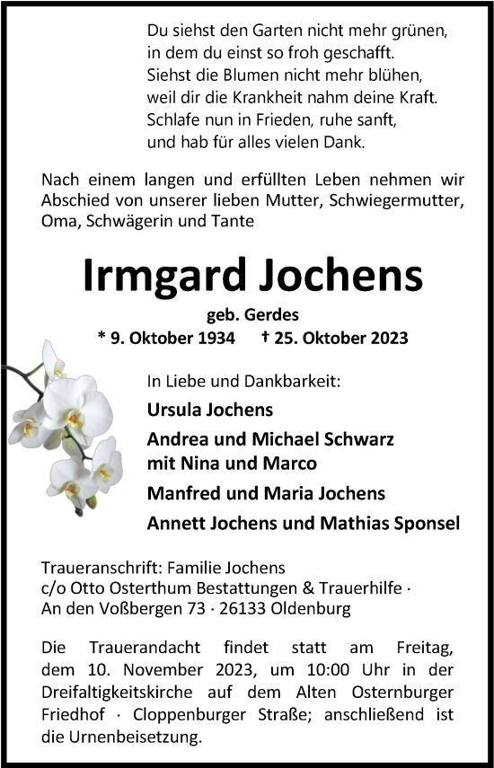 Traueranzeige von Irmgard Jochens von Nordwest-Zeitung