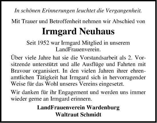Traueranzeige von Irmgard Neuhaus von Nordwest-Zeitung