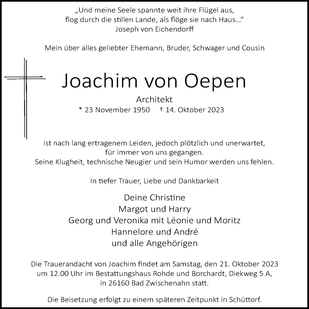  Traueranzeige für Joachim von Oepen vom 19.10.2023 aus Nordwest-Zeitung