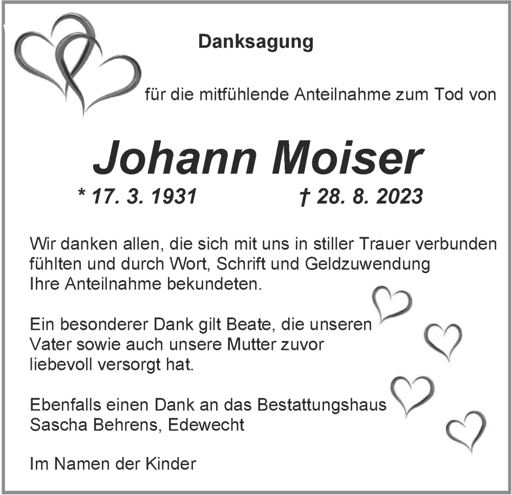  Traueranzeige für Johanna Moiser vom 04.10.2023 aus Nordwest-Zeitung