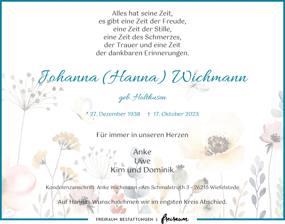  Traueranzeige für Johanna Wichmann vom 28.10.2023 aus Nordwest-Zeitung