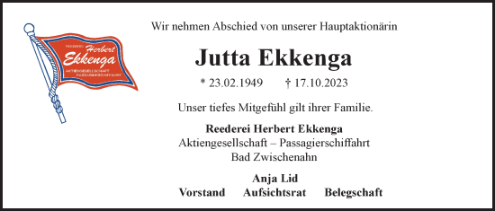 Traueranzeige von Jutta Ekkenga von Nordwest-Zeitung