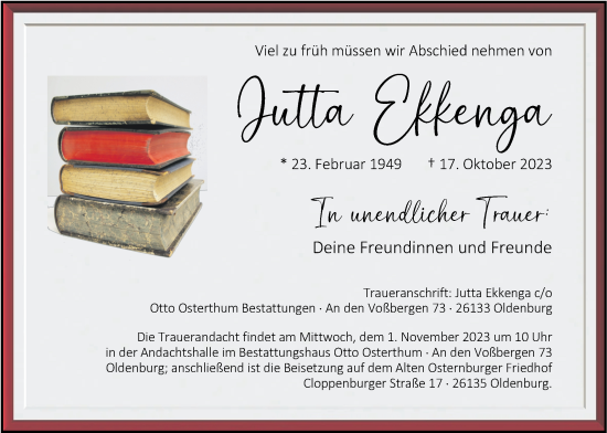 Traueranzeige von Jutta Ekkenga von Nordwest-Zeitung
