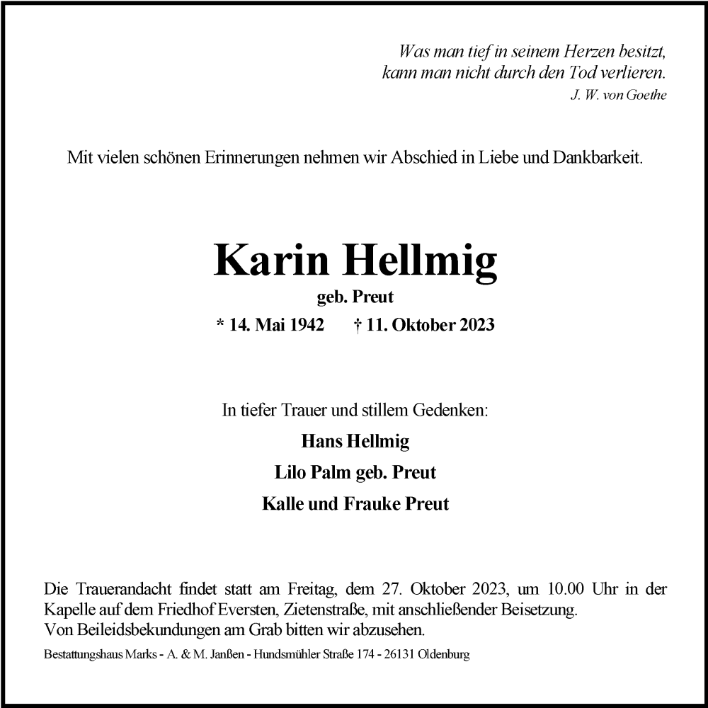  Traueranzeige für Karin Hellmig vom 21.10.2023 aus Nordwest-Zeitung
