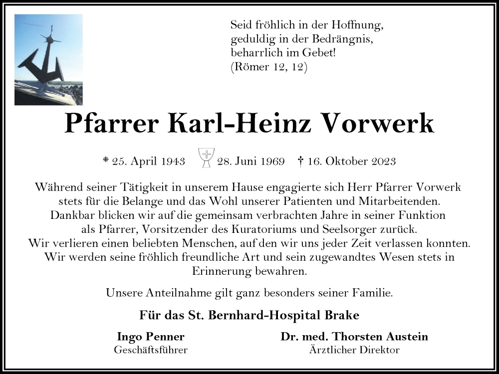  Traueranzeige für Karl-Heinz Vorwerk vom 21.10.2023 aus Nordwest-Zeitung