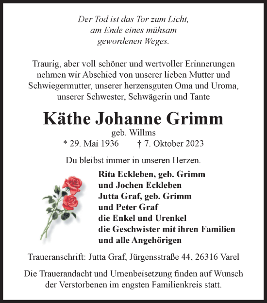 Traueranzeige von Kathe Johanne Grimm von Nordwest-Zeitung