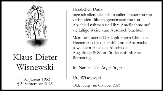 Traueranzeige von Klaus-Dieter Wisnewski von Nordwest-Zeitung