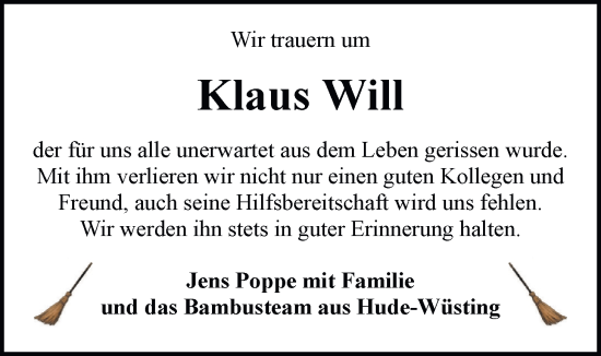 Traueranzeige von Klaus Will von Nordwest-Zeitung