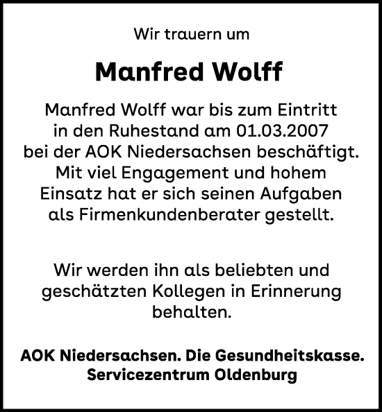 Traueranzeige von Manfred Wolff von Nordwest-Zeitung