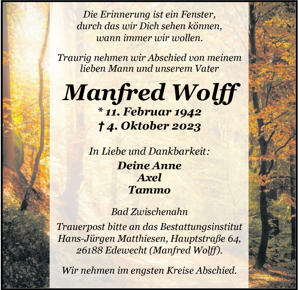  Traueranzeige für Manfred Wolff vom 07.10.2023 aus Nordwest-Zeitung