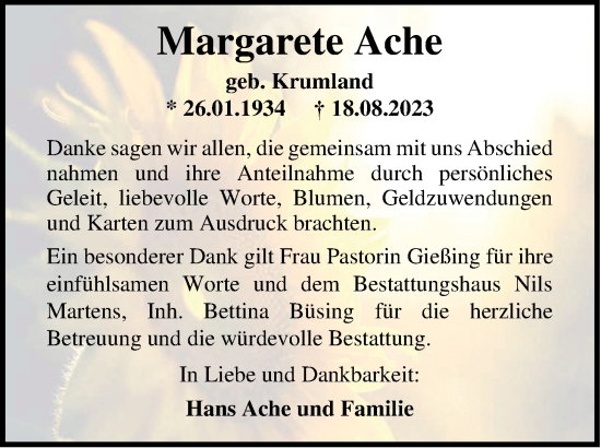 Traueranzeige von Margarete Ache von Nordwest-Zeitung