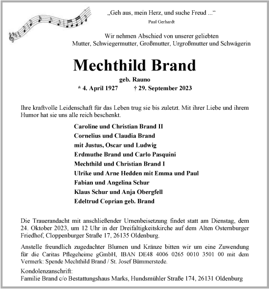 Traueranzeige von Mechthild Brand von Nordwest-Zeitung