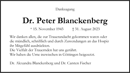 Traueranzeige von Peter Blanckenberg von Nordwest-Zeitung