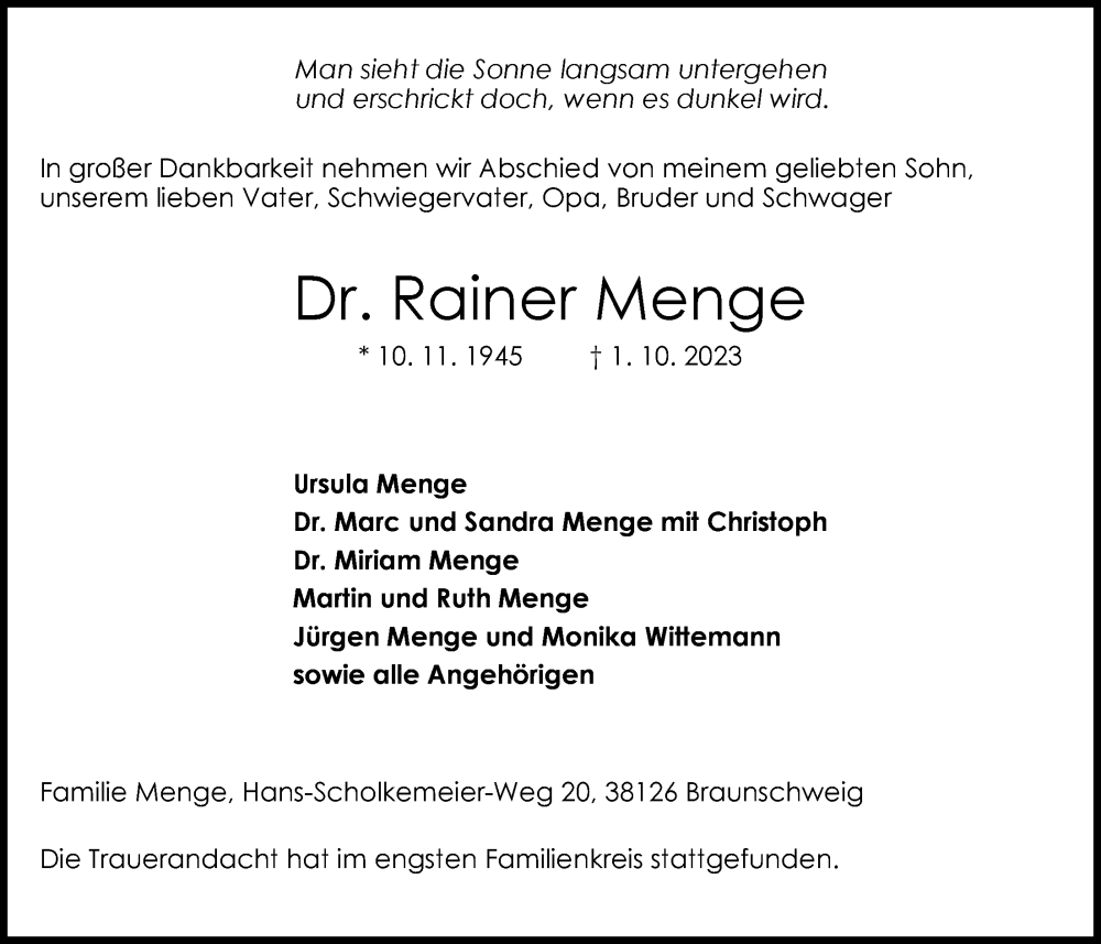  Traueranzeige für Rainer Menge vom 07.10.2023 aus Nordwest-Zeitung
