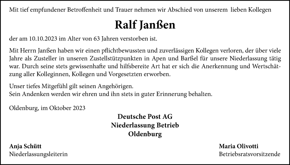  Traueranzeige für Ralf Janßen vom 18.10.2023 aus Nordwest-Zeitung