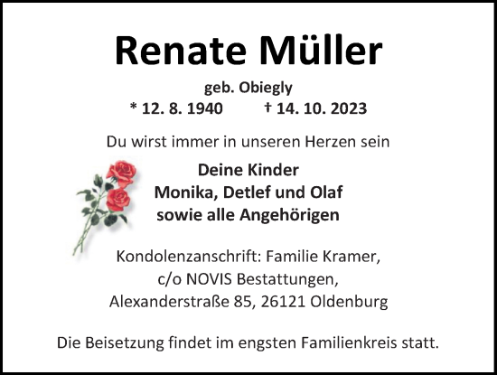 Traueranzeige von Renate Müller von Nordwest-Zeitung