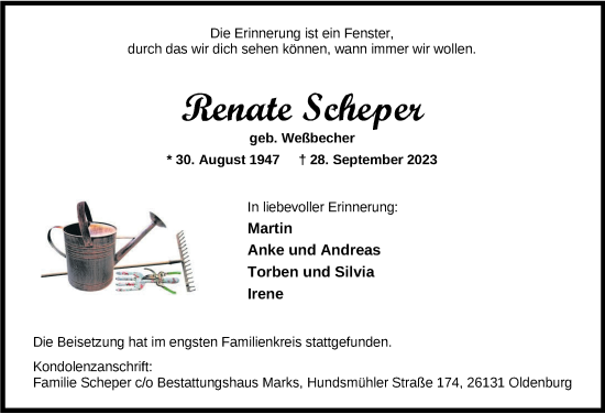 Traueranzeige von Renate Scheper von Nordwest-Zeitung