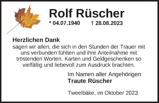Traueranzeige von Rolf Rüscher von Nordwest-Zeitung