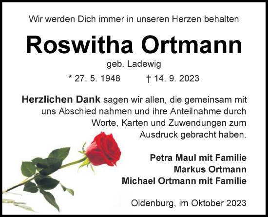 Traueranzeige von Roswitha Ortmann von Nordwest-Zeitung