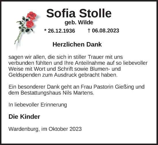 Traueranzeige von Sofia Stolle von Nordwest-Zeitung