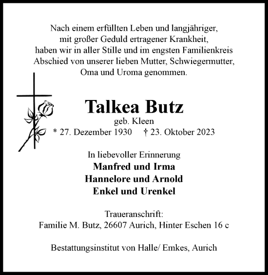 Traueranzeige von Talkea Butz von Emder Zeitung