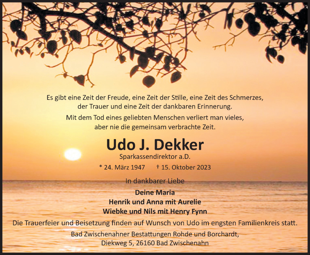 Traueranzeige für Udo J. Dekker vom 21.10.2023 aus Nordwest-Zeitung