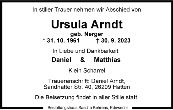Traueranzeige von Ursula Arndt von Nordwest-Zeitung
