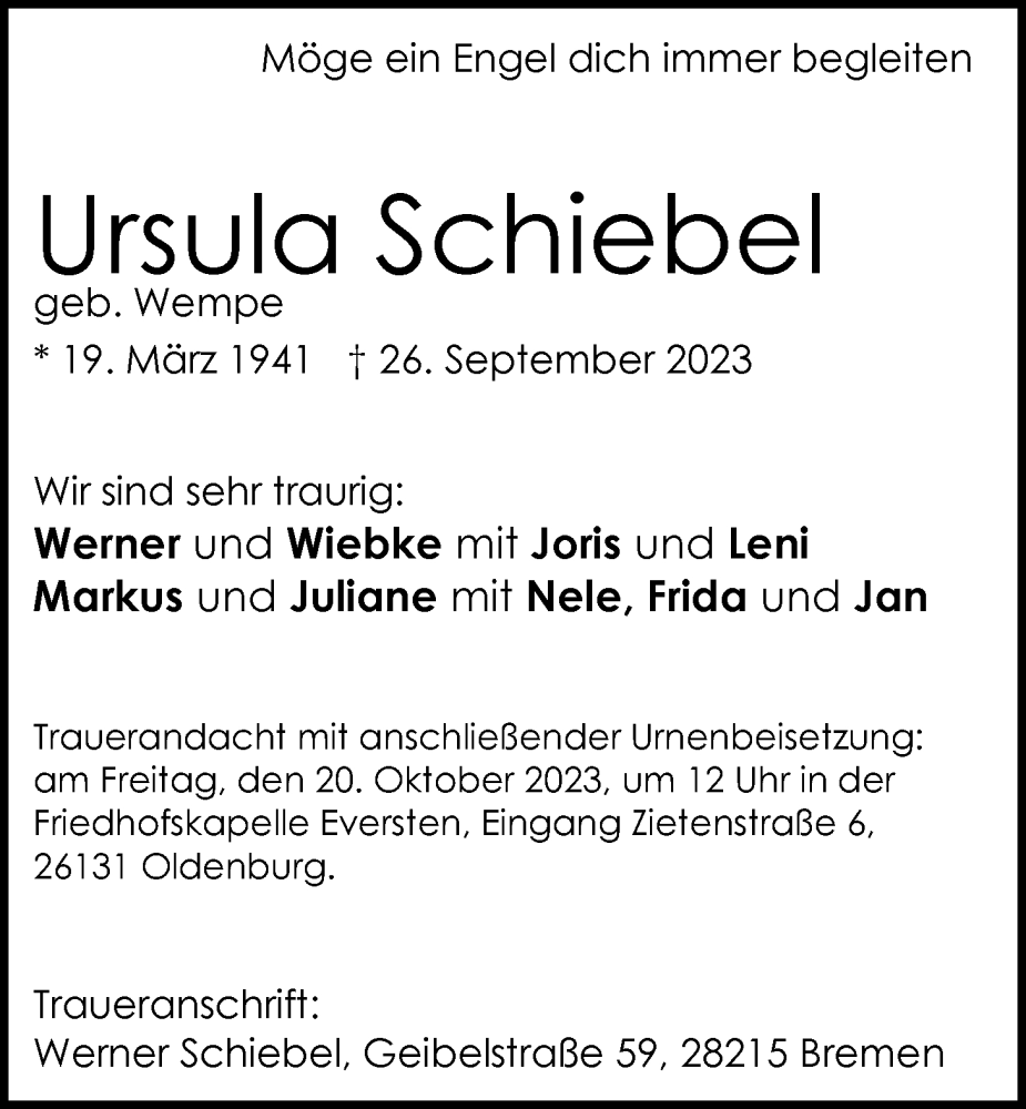  Traueranzeige für Ursula Schiebel vom 14.10.2023 aus Nordwest-Zeitung