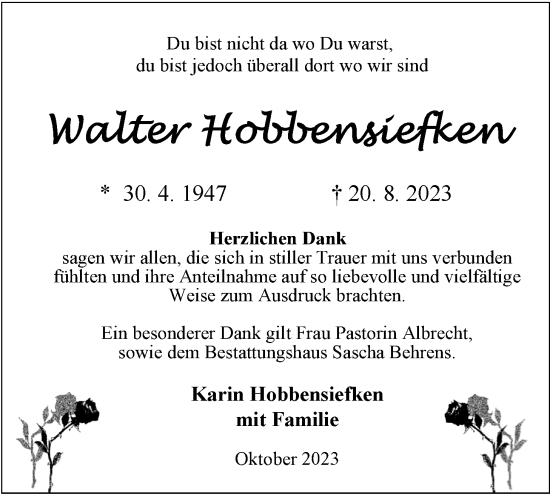 Traueranzeige von Walter Hobbensiefken von Nordwest-Zeitung