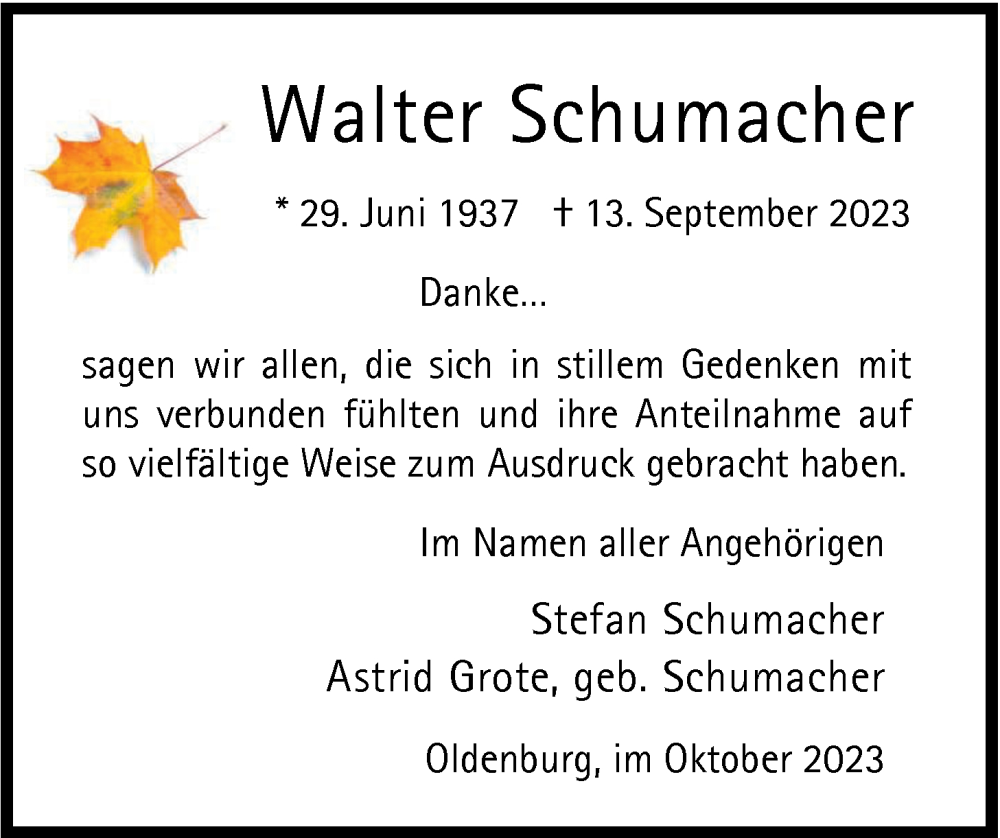  Traueranzeige für Walter Schumacher vom 21.10.2023 aus Nordwest-Zeitung